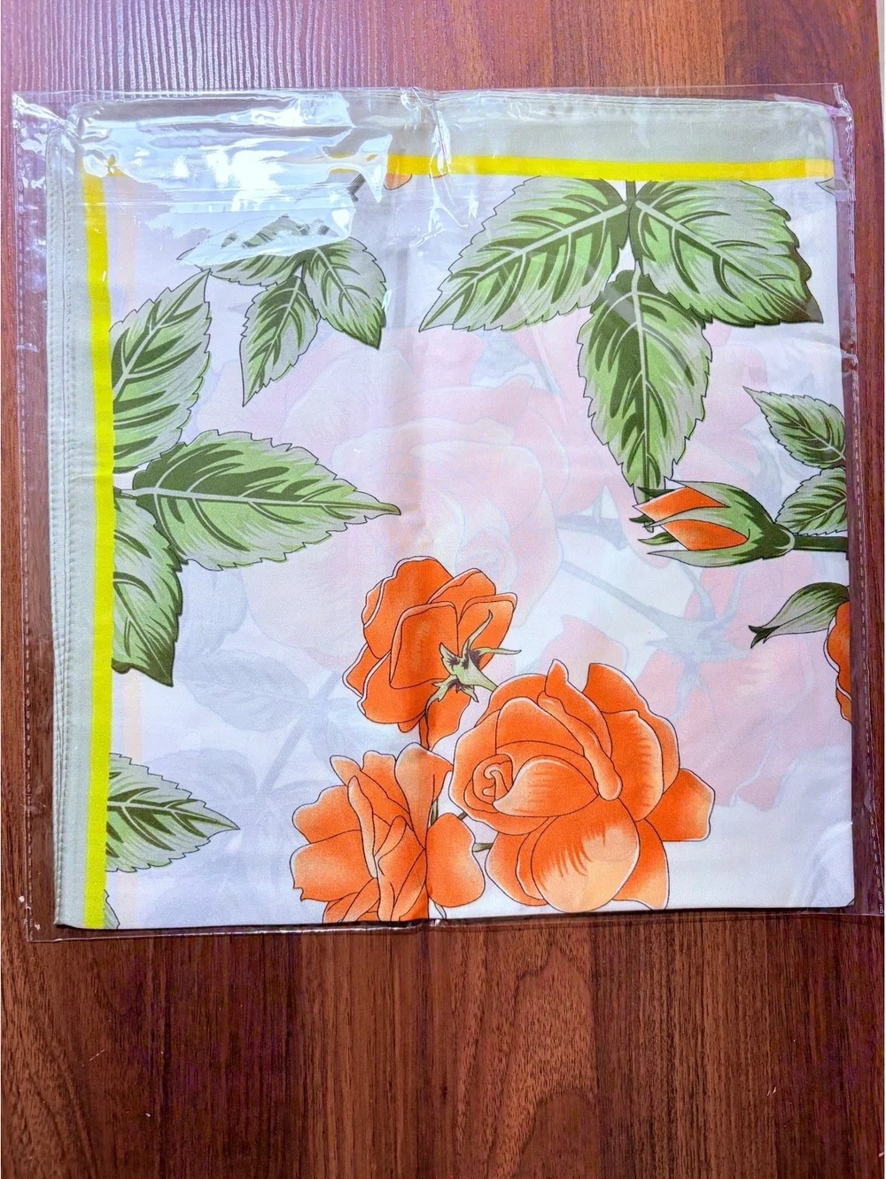 Elegant Floral Orange Rose Print Scarf with Green Leaves and Yellow Border